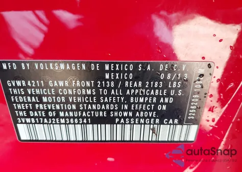 2014 Volkswagen Jetta 1.8T Se из США, поврежденный, VIN 3VWB17AJ2EM366341